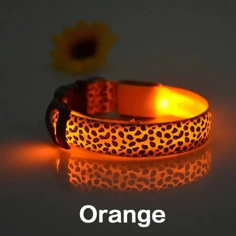 Leopard LED Dog Collar Luminous Adjustable Glowing Collar for Dogs Pet Night Safety Nylon Collar Luminous LED Bright Dog Collar