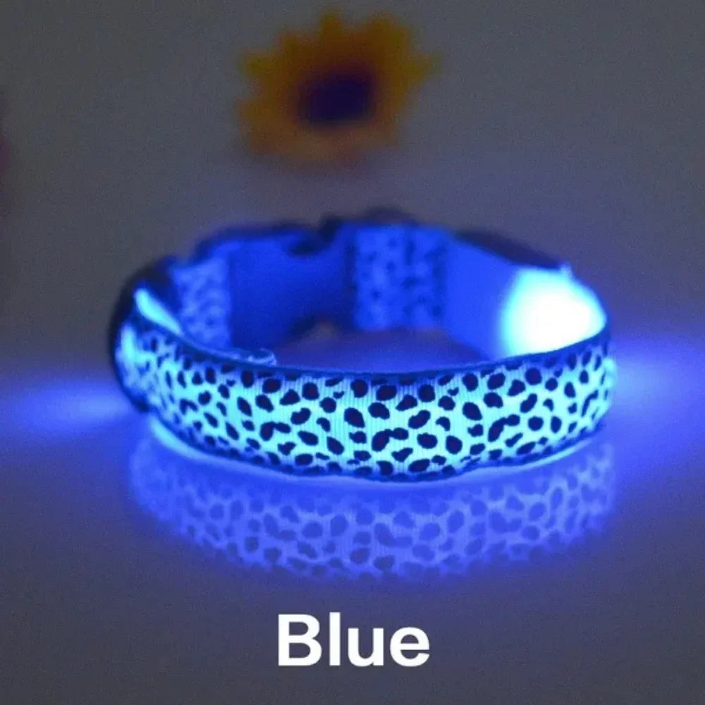 Leopard LED Dog Collar Luminous Adjustable Glowing Collar for Dogs Pet Night Safety Nylon Collar Luminous LED Bright Dog Collar