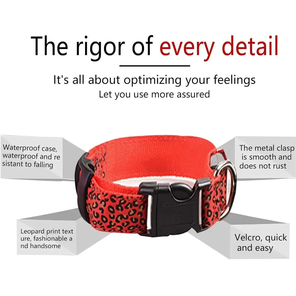 Leopard LED Dog Collar Luminous Adjustable Glowing Collar for Dogs Pet Night Safety Nylon Collar Luminous LED Bright Dog Collar